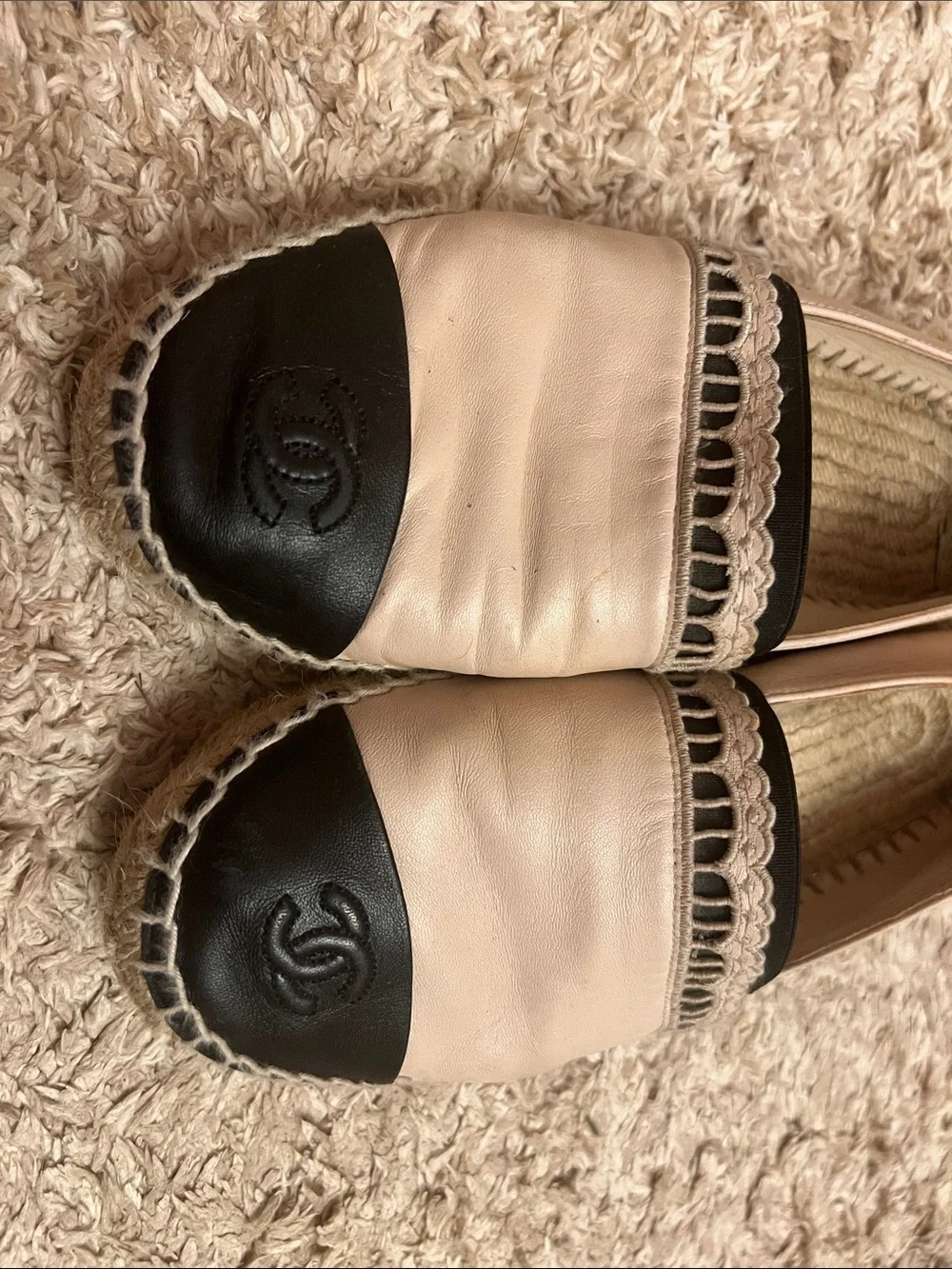 CHANEL Two-Tone Leather Espadrilles in Cream and Black with Lace Trim
